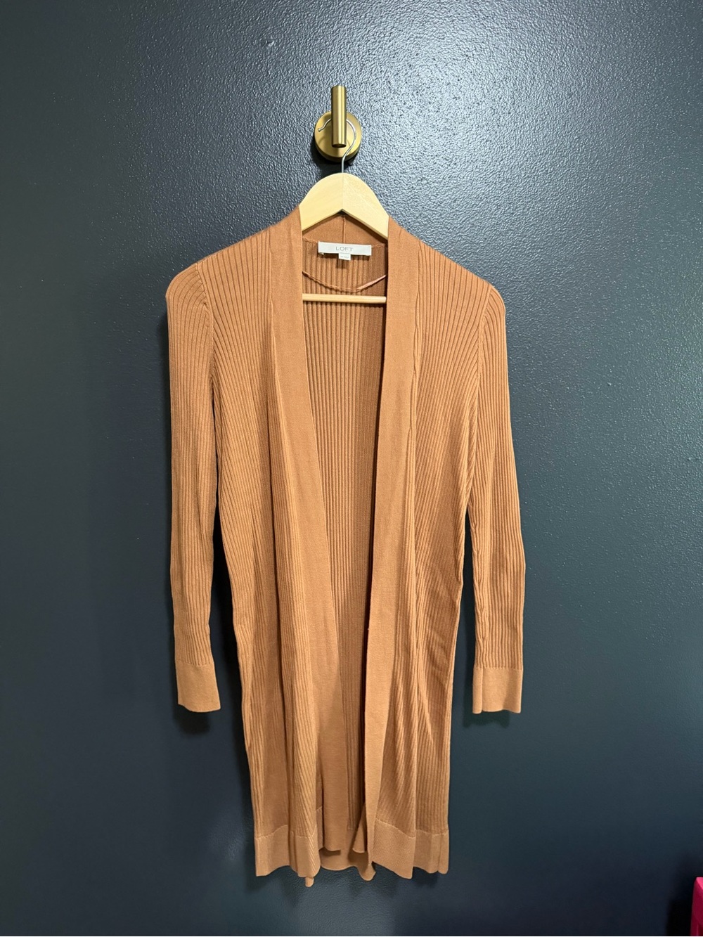LOFT Long Ribbed Open Cardigan — brown